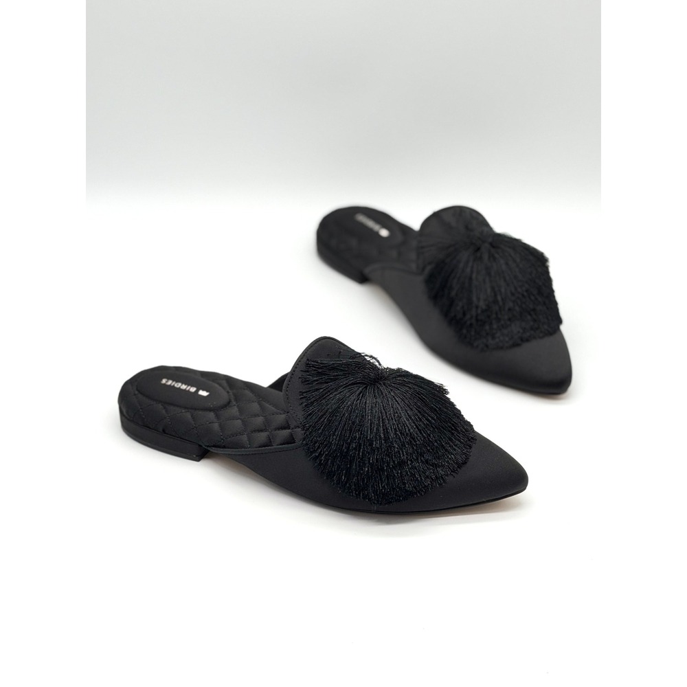 Birdies The Songbird Mules Women 9 Black Tassel Pointed Toe Quilted Satin